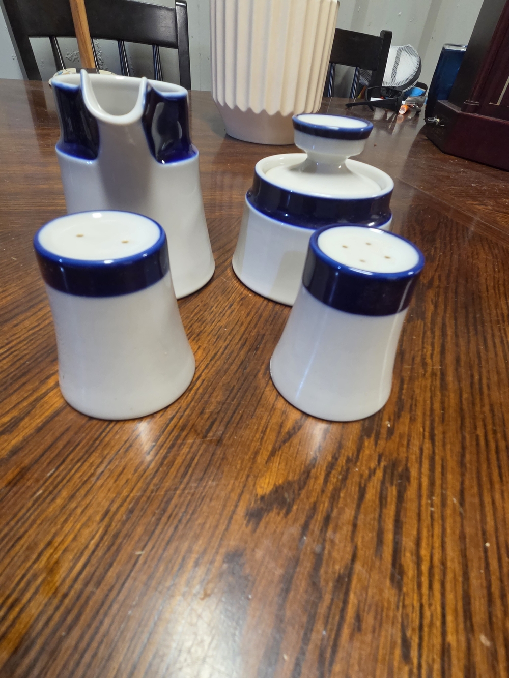 Noritake White Ceramic Table Set with Deep Blue Trim